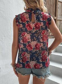 Breezaya Floral Print Frill Trim Mock Neck Blouse - Navy Blue - View 2