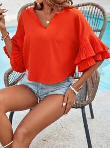 SHEIN Holidaya Women's Short Sleeve Blouse With Pressed Placket Detail - Orange - View 7