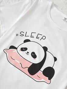 兒童少女粉白相間格子褲和短褲,休閒家居服套裝,圓領短袖貼圖熊貓印花 - 彩色 - 查看 6