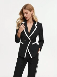 BizChic Women's Contrast Edge Double Breasted Suit - Black and White - View 7