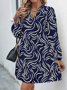 Chiquease Casual Lantern Sleeve Printed Dress Fall Cloth For Women - Royal Blue - View 4