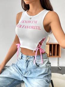 Flirla Women's Slogan Graphic Lace-Up Side Crop Tank Top I KNOW I'M YOUR FAVORITE Graphic Tees Women Tops - White - View 5