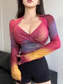 DAZY Women's Tie Dye Front Cross Design Slim Fit Top Sheer Long Sleeve Women Tops - Multicolor - View 2