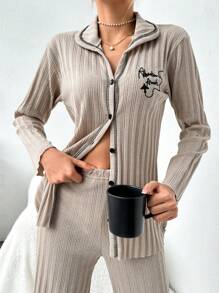 RueChic Women's Contrast Color Piping Plaid Print Ribbed Long Sleeve Top & Pants Pajama Set