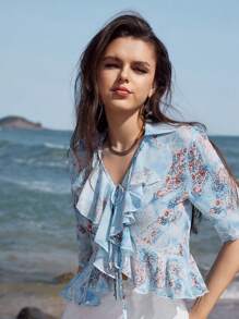 Zolique Women's Short Cropped Shirt With All-Over Floral Print And Ruffle Details