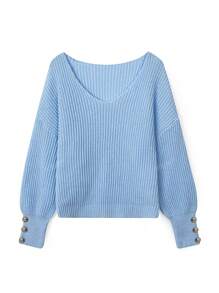 Women's Basic Oversized V Neck Button Sweaters Dressy Casual Lightweight Ribbed Knit Pullover Sweater Tops Blue
