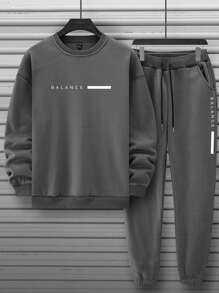 Manfinity Homme Men's Letter Printed Drop Shoulder Long Sleeve Sweatshirt And Sweatpants Set, Fall Clothes