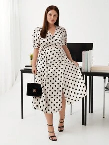 BizChic Plus Size Women's Polka Dot Short Puff Sleeve Dress - Apricot - View 6