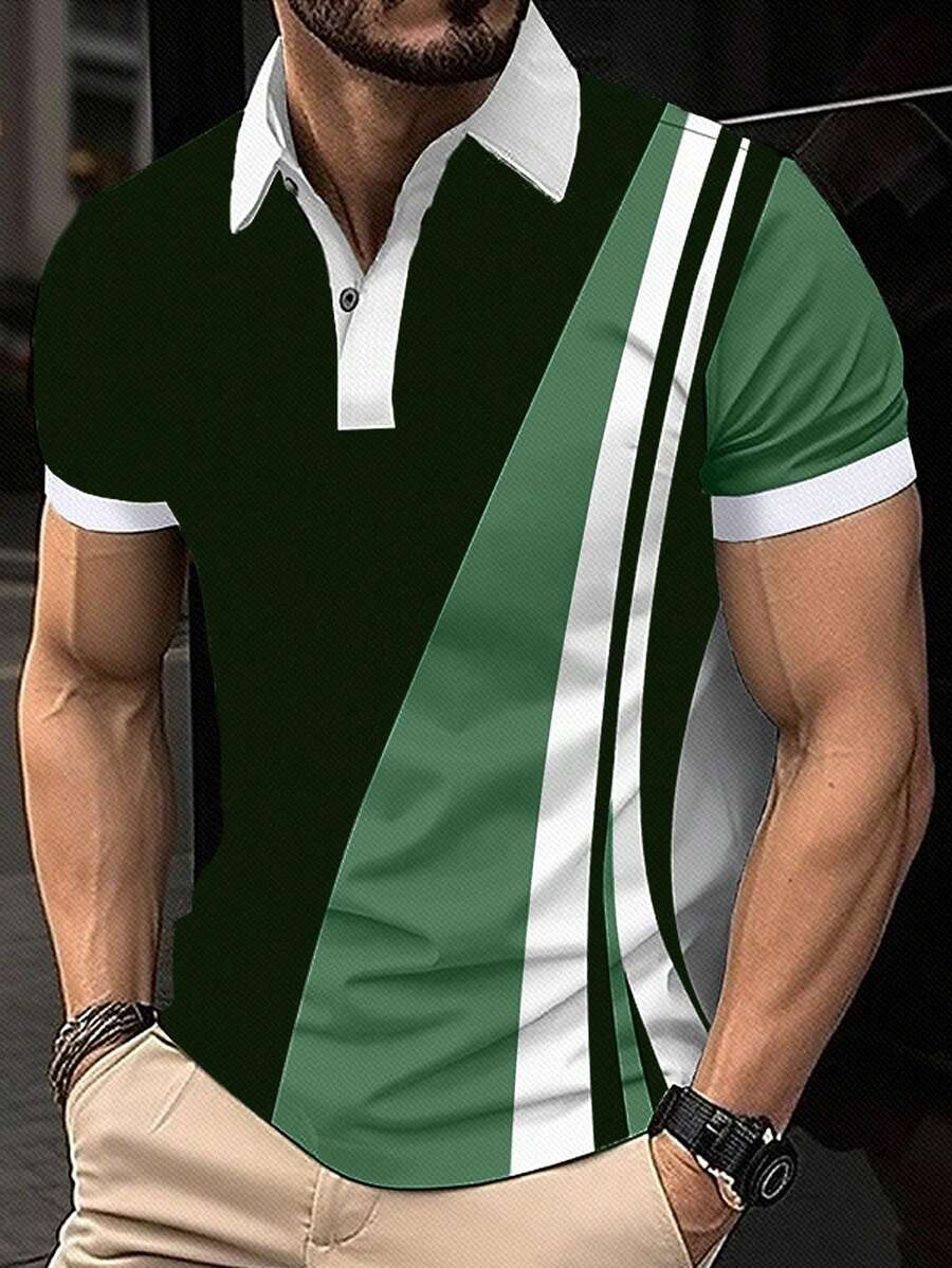 SHEIN Manfinity Homme 男士彩色拼接條紋短袖polo衫 - 綠色 - 查看 1
