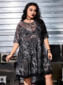 ROMWE PUNK Plus Size Women's Snake Pattern Lace Hemline Dress For Summer