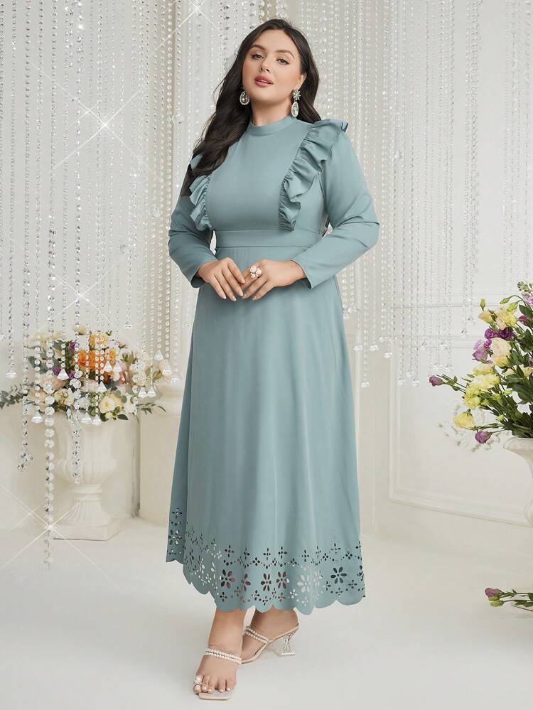 Plus Size Stand Collar Ruffle Hem Decorated Dress