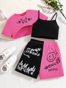 SHEIN 3入組少女蝴蝶圖案針織短袖t恤、針織純色背心和寬鬆針織短褲 - 玫紅色 - 查看 1