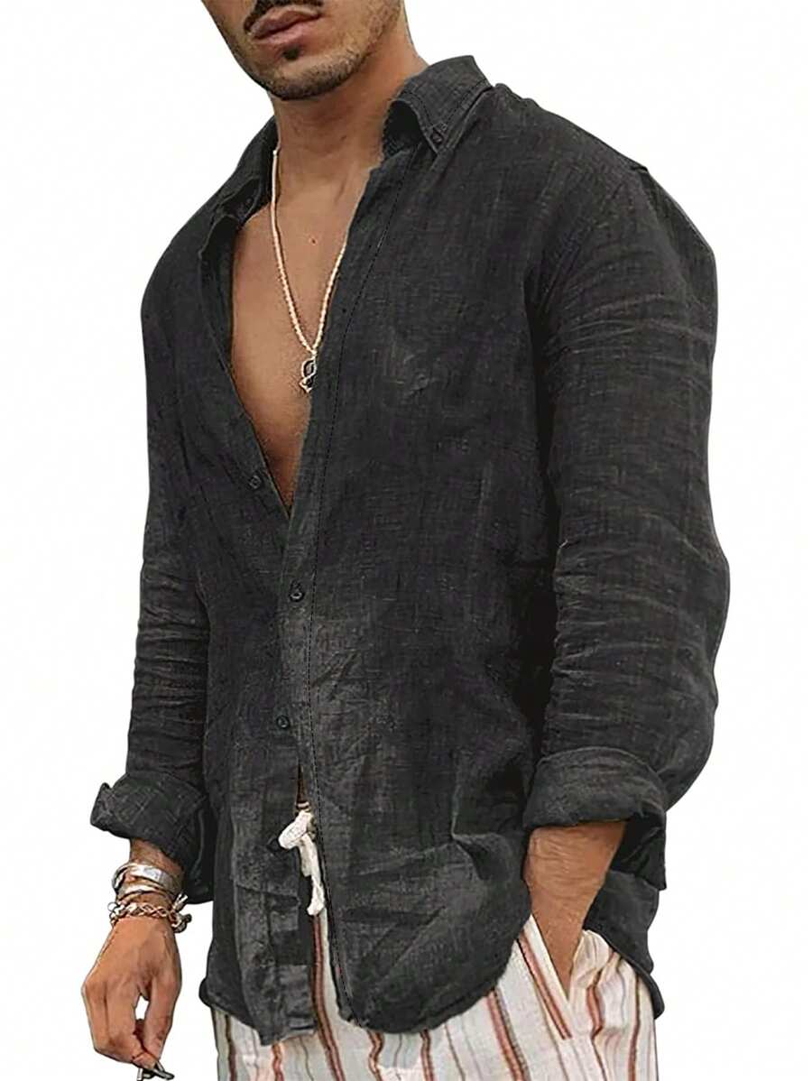 Men's Casual Long Sleeve Linen-Like Shirt - Black - View 1