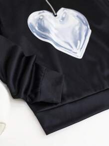 SHEIN LUNE بلوزة نسائية بسحاب نصفي مطبوعة بنمط قلب ثلاثي الأبعاد، بلوزة رياضية للخريف - الأسود - مشاهدة 6