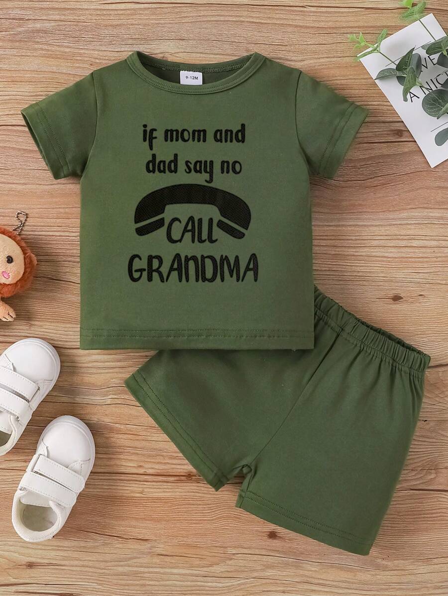 Baby Boy Letter Printed Casual Short Sleeve T-Shirt And Shorts Set For Spring/Summer - Army Green - View 1