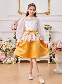 SHEIN Tween Girl Round Neck Lantern Sleeve Sheer Embroidered Blouse With Detachable Waist Belt And Skirt Two Pieces Set - White - View 3