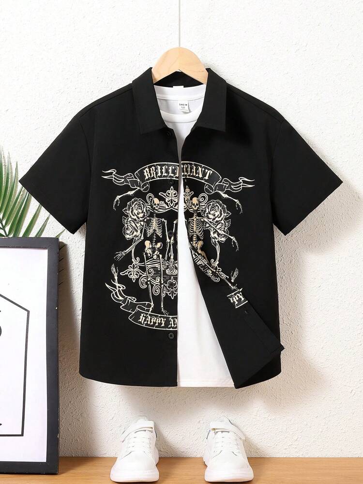 Tween Boys' Casual Printed Open Collar Woven Shirt, Street Fashion Style