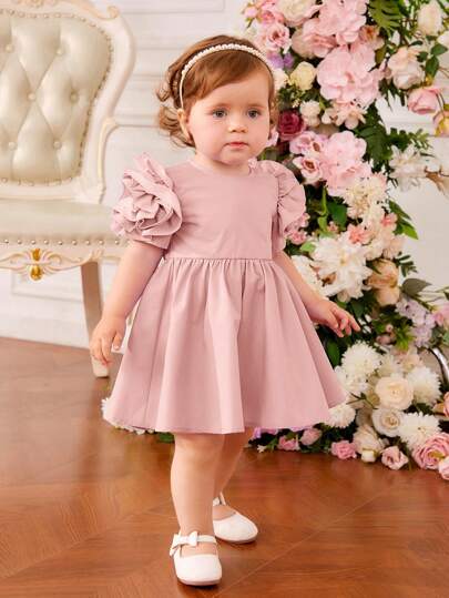 SHEIN Baby Girl Solid Ruffle Hem Floral Embroidery Dress, Perfect For Birthday & Party & Banquet