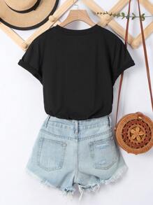 SHEIN EZwear Của phụ nữ Slogan Và Hoạt hình In Ngắn tay Áo thun - màu đen - Xem 2