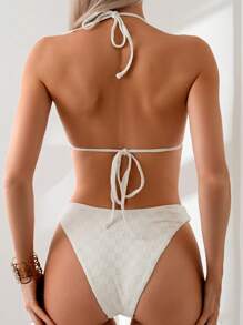 SHEIN Swim Set de 3 piezas Bikini con estampado de patrón de cuadrícula y diseño en relieve, con hebillas metálicas en forma de U, para boda y verano - Beis - Ver 5