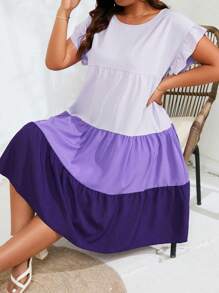 SHEIN Clasi 大尺碼女裝拼色荷葉邊連衣裙 - 彩色 - 查看 3