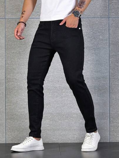 Manfinity Homme Men Summer Classical Versatile Jeans, Cotton Solid Black Wash Skinny Jeans,For Husband,Boyfriend Gifts