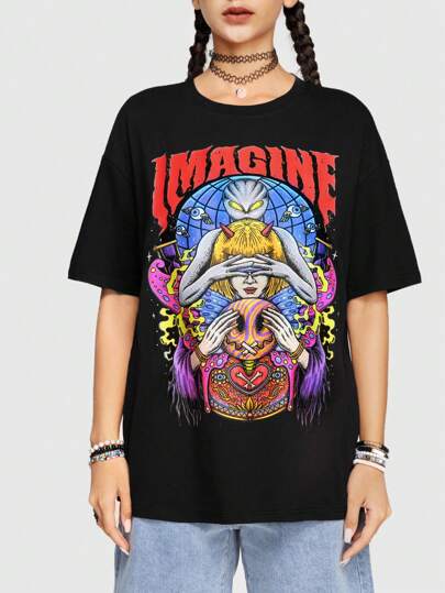 Straight Ahead Cartoon Letter Printed Round Neck Short Sleeve T-Shirt