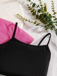 SHEIN 3入組少女蝴蝶圖案針織短袖t恤、針織純色背心和寬鬆針織短褲 - 玫紅色 - 查看 3