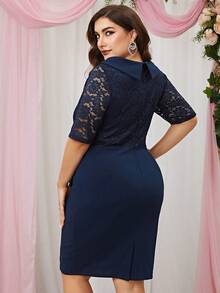 CurvySweet 優雅對比蕾絲裝飾腰帶貼身連身裙 - 藏蓝色 - 查看 2