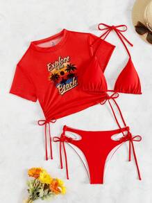 SHEIN Swim Summer Beach Coconut Tree & Letter Pattern Drawstring Side Bikini Set New Year - Red - View 5