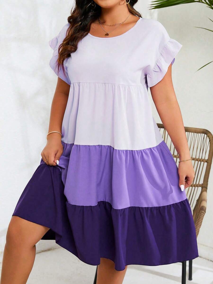 SHEIN Clasi 大尺碼女裝拼色荷葉邊連衣裙 - 彩色 - 查看 1