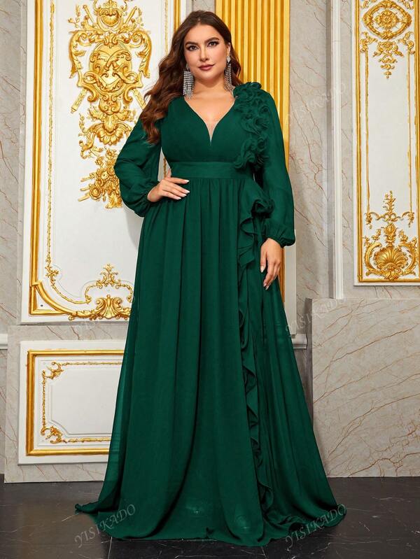 YISIKADO Rochie de bal elegantă de mărime mare pentru femei, cu dantelă 3d și mâneci lanternă, decolteu în V, cu brâu, rochie de bal din șifon, cu mânecă lungă, rochie de invitat de nuntă de seară formală, pentru absolvire, rochie de petrecere pentru cină