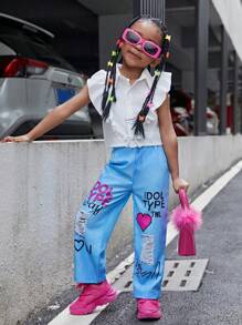 SHEIN Young Girl's Solid Color Ruffle Edge Top And Jeans Like Heart Letter Print Long Pants Two Piece Set - White - View 6