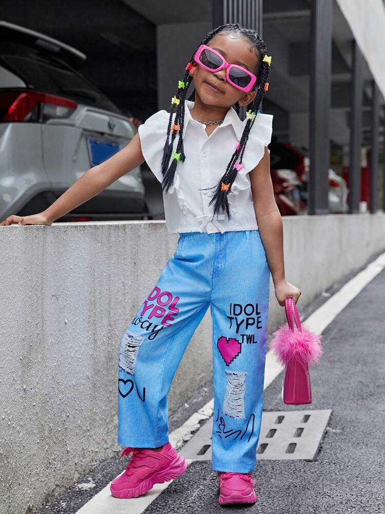 Young Girl's Solid Color Ruffle Edge Top And Jeans Like Heart Letter Print Long Pants Two Piece Set