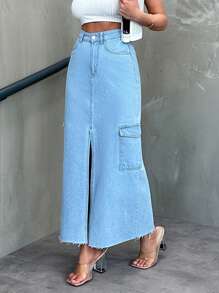 RueChic 女士牛仔分叉擺長裙,配破損邊修剪 - 中等水洗藍 - 查看 3