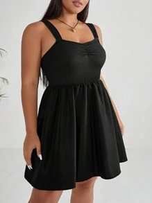 SHEIN CURVE+ Vestido Negro De Tirantes Con Costillas Fruncidas Para Mujeres De Talla Grande - Negro - Ver 6