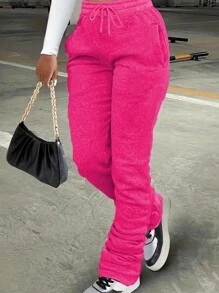 SHEIN EZwear 女式純色抽繩運動褲 - 玫紅色 - 查看 1