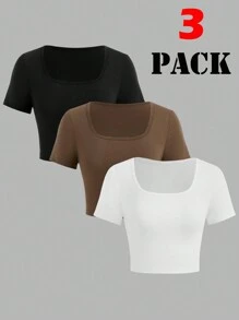 SHEIN Essnce Women's Basic Square Neck T-Shirt, Pack Of 3 - Multicolor - View 1