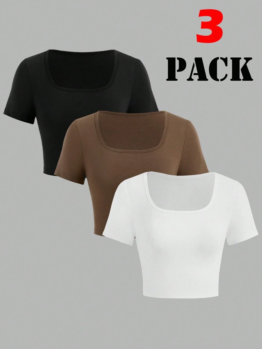 SHEIN Essnce Women's Basic Square Neck T-Shirt, Pack Of 3 - Multicolor - View 1