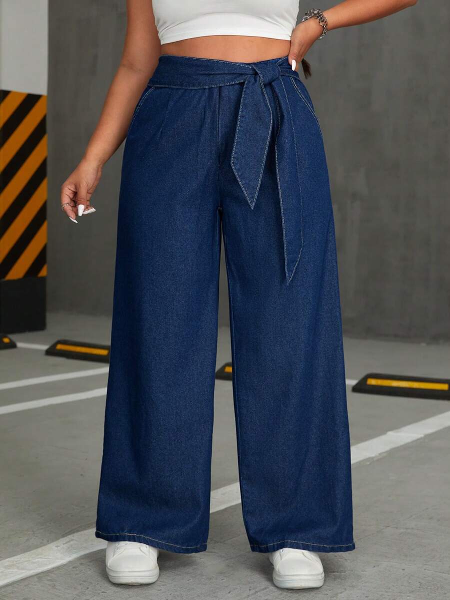 SHEIN EZwear Kích thước lớn Denim Quần ống rộng Với thắt lưng - Màu xanh lam - Xem 1