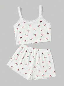 ROMWE Kawaii Cherry Print Knit Cami Pajama Set For Women, School - Multicolor - View 1