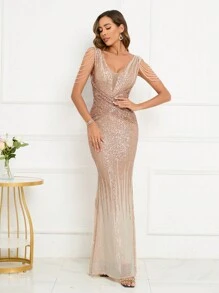 鑲有鑽石連鎖袖子的亮片正式禮服 - 金色 - 查看 1