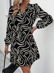 Chiquease 休閒印花燈籠袖連衣裙 - 黑色 - 查看 5