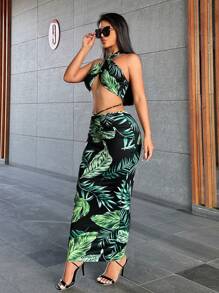 SHEIN SXY Beach;Summer Boho Bohemian Holiday Set With Green Tropical Plant Print Halter Neck Vest And Long Skirt - Two Piece Set - Multicolor - View 3