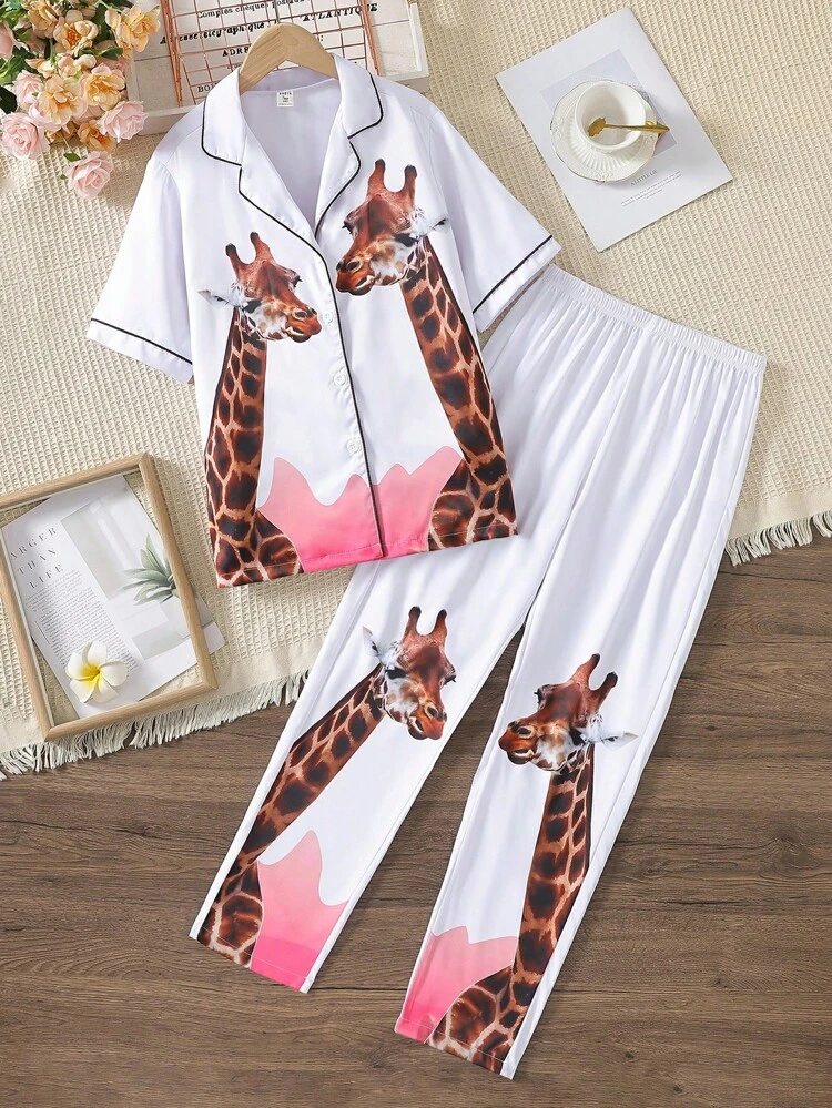 Teen Girls' Simple Style Giraffe Print Short Sleeve Top And Pants Casual Home Wear 2pcs/Set