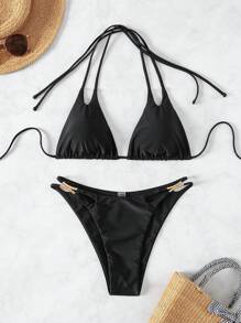 SHEIN Swim Summer Beach Women's Halter Neck Strap Bikini Set - Black - View 3