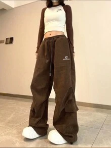 INAWLY 女士字母印花束腰長褲 - 咖啡棕 - 查看 4