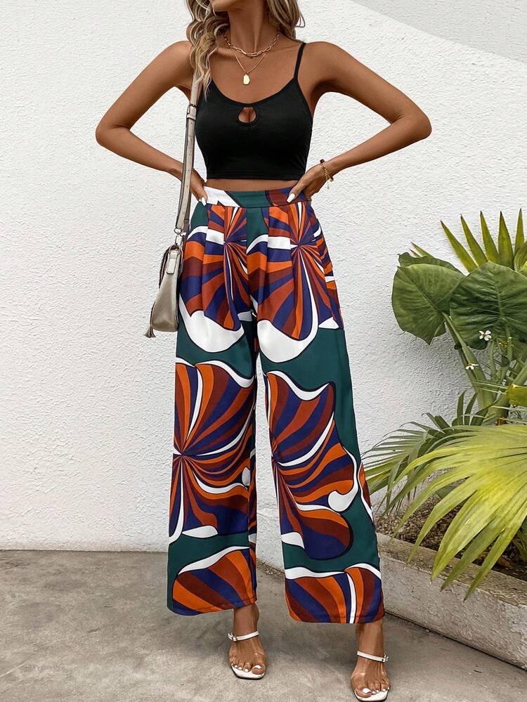 Women'S Hollow Out Cami Top And Botanical Print Pants Two Piece Set