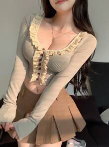 DAZY Blusa corta con botones y ribete de encaje, con volantes, para salir, de manga larga para mujer - Caqui - Ver 7