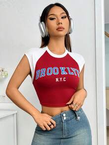 SHEIN Unity Women's Letter Print Color Block Cropped T-Shirt - Red - View 6